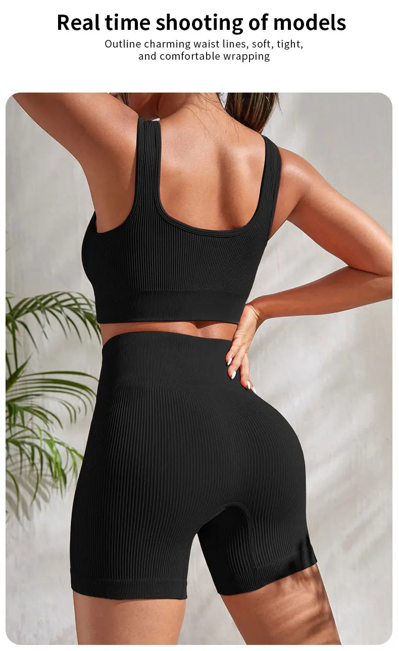 2-piece women's workout set – ribbed crop top and high-waist shorts.