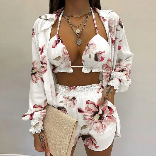Conjunto Feminino 3 Peças Verão 2025 – Look Sexy, Confortável e Casual com Shorts Estilosos para Praia.