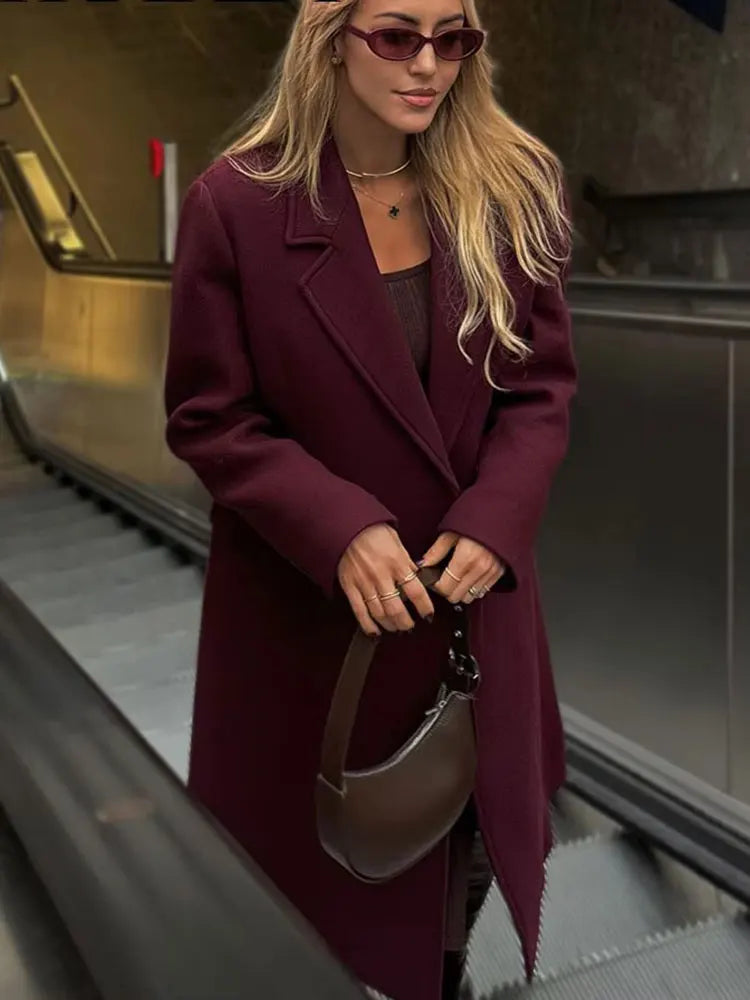 Burgundy Wool Blend Double-Breasted Coat – Autumn & Winter