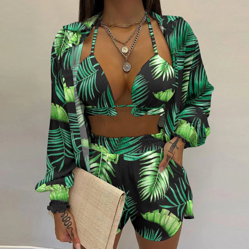 Conjunto Feminino 3 Peças Verão 2025 – Look Sexy, Confortável e Casual com Shorts Estilosos para Praia.