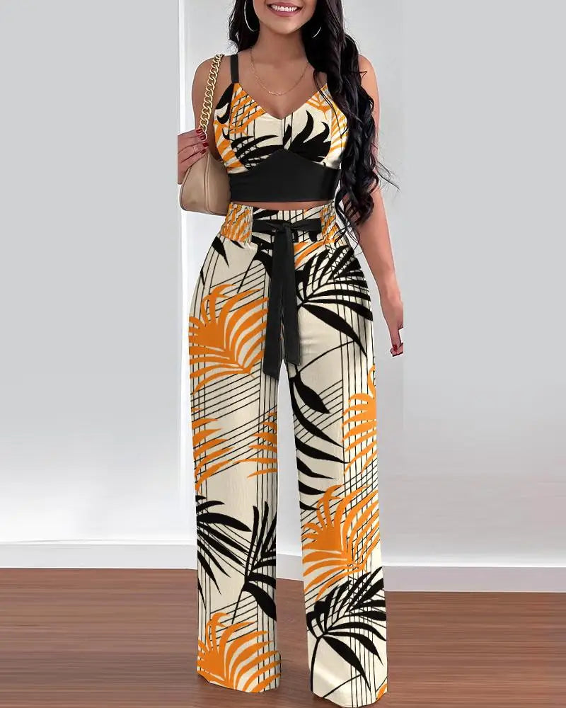 Elegant 2-piece set with a V-neck crop top and lace-up wide-leg pants — modern, flattering, and effortlessly chic.