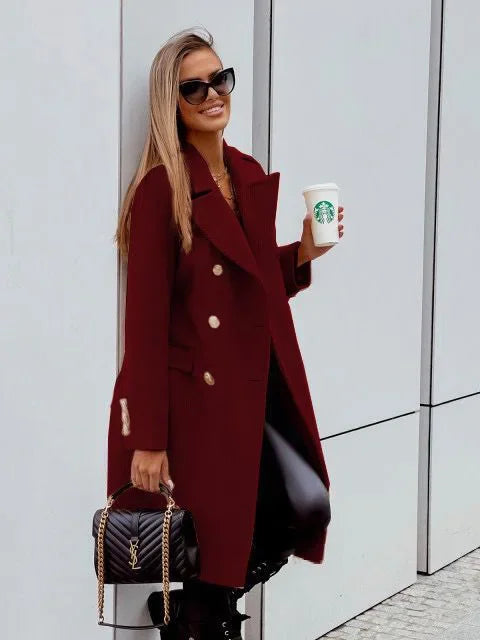 Women’s Double-Breasted Wool Coat – Midi length, V-neck, elegant and fashionable.