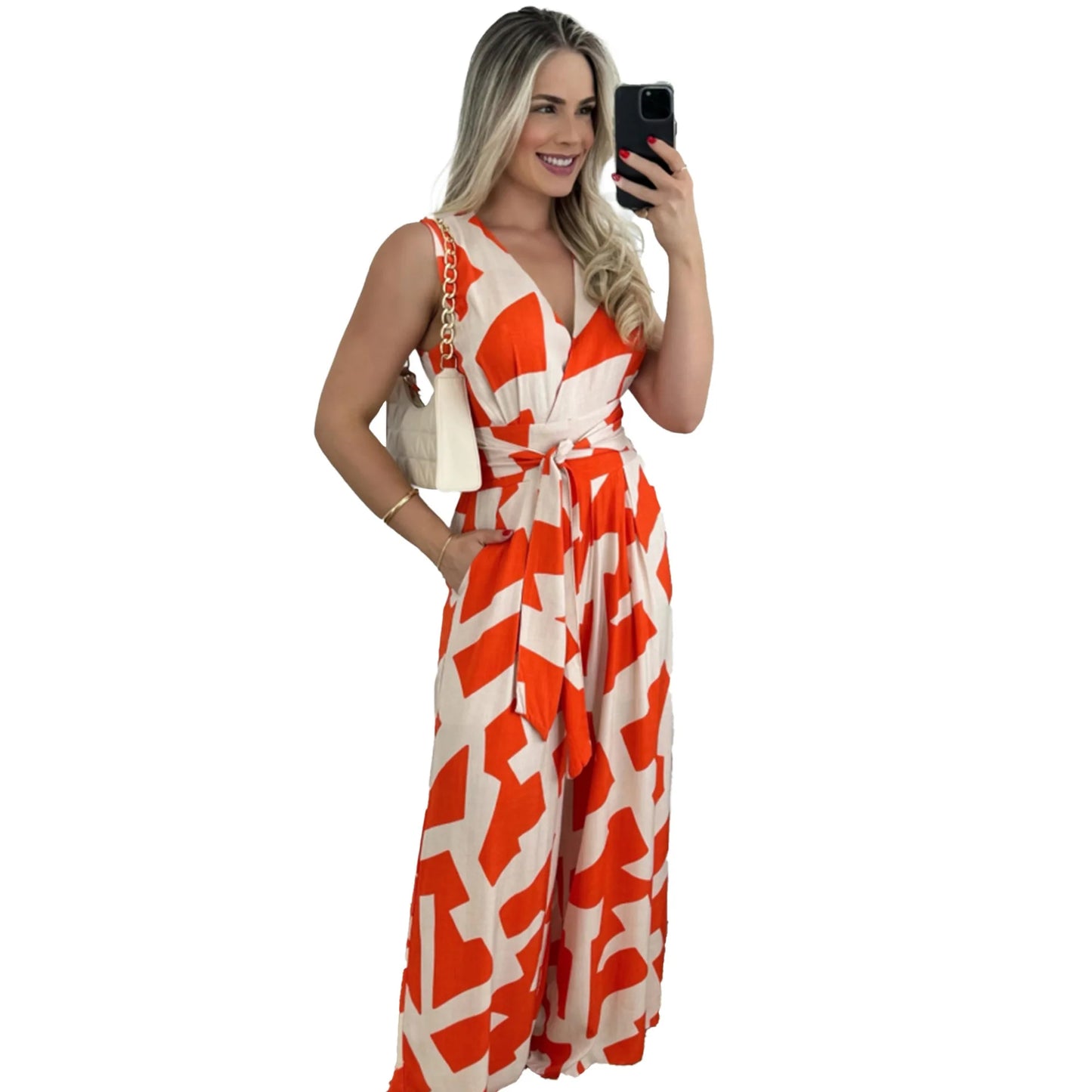 Women's fashionable and minimalist style women's deep V-waist tied jumpsuit -88209 sleeveless mid waist straight leg pants 2024