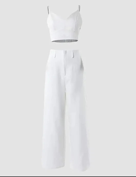 CM.YAYA Fashion Women's Set Spaghetti Strap V-neck Crop Top and Wide Leg Pants 2024 Party Two 2 Piece Sets Outfits Tracksuit