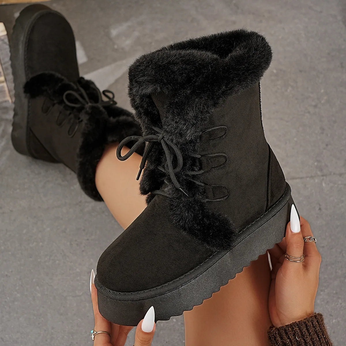 Women’s Winter Snow Boots – Thick sole, fleece-lined, tie-on, mid-calf.