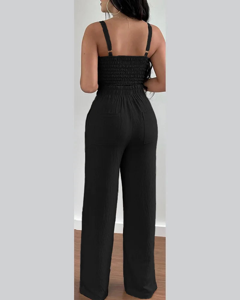 Elegant 2-piece set with a V-neck crop top and lace-up wide-leg pants — modern, flattering, and effortlessly chic.
