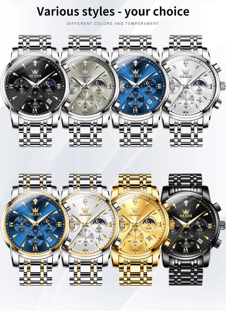 OLEVS 3639 Moon Phase Quartz Watch For Men Fashion Chronograph Luxury Wristwatch Waterproof Luminous Date Business Man Watches