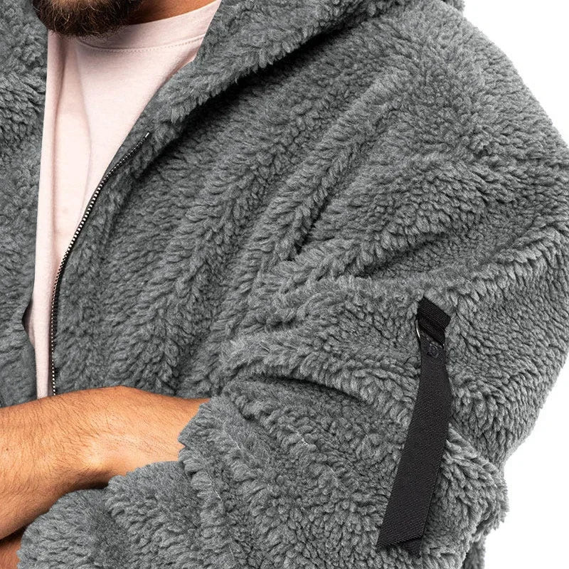 Men’s Fleece Jacket – Hooded, warm, loose fit, casual winter style.