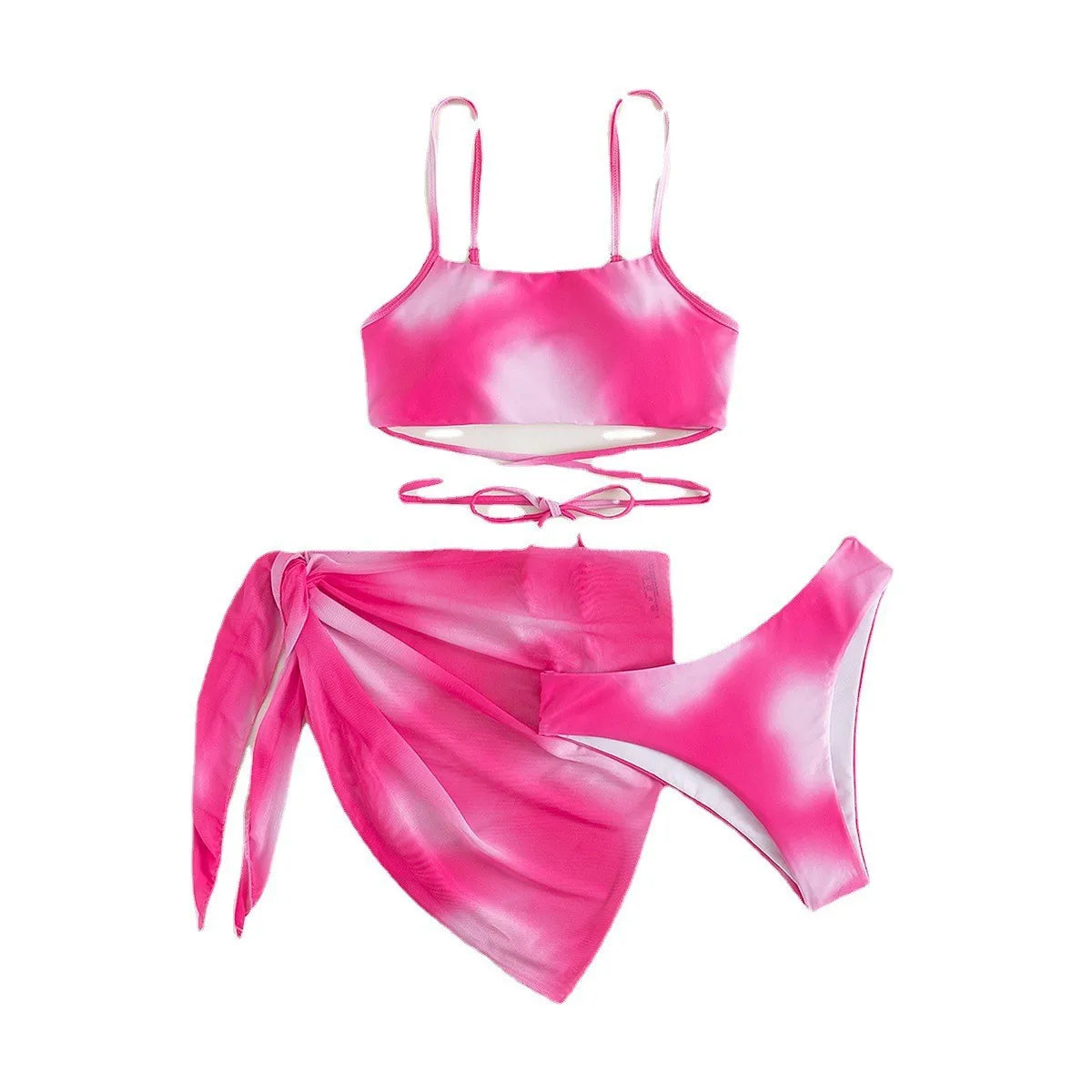 Stylish Tie-Dye 3-Piece Bikini Set with Mesh Skirt. Perfect for summer!