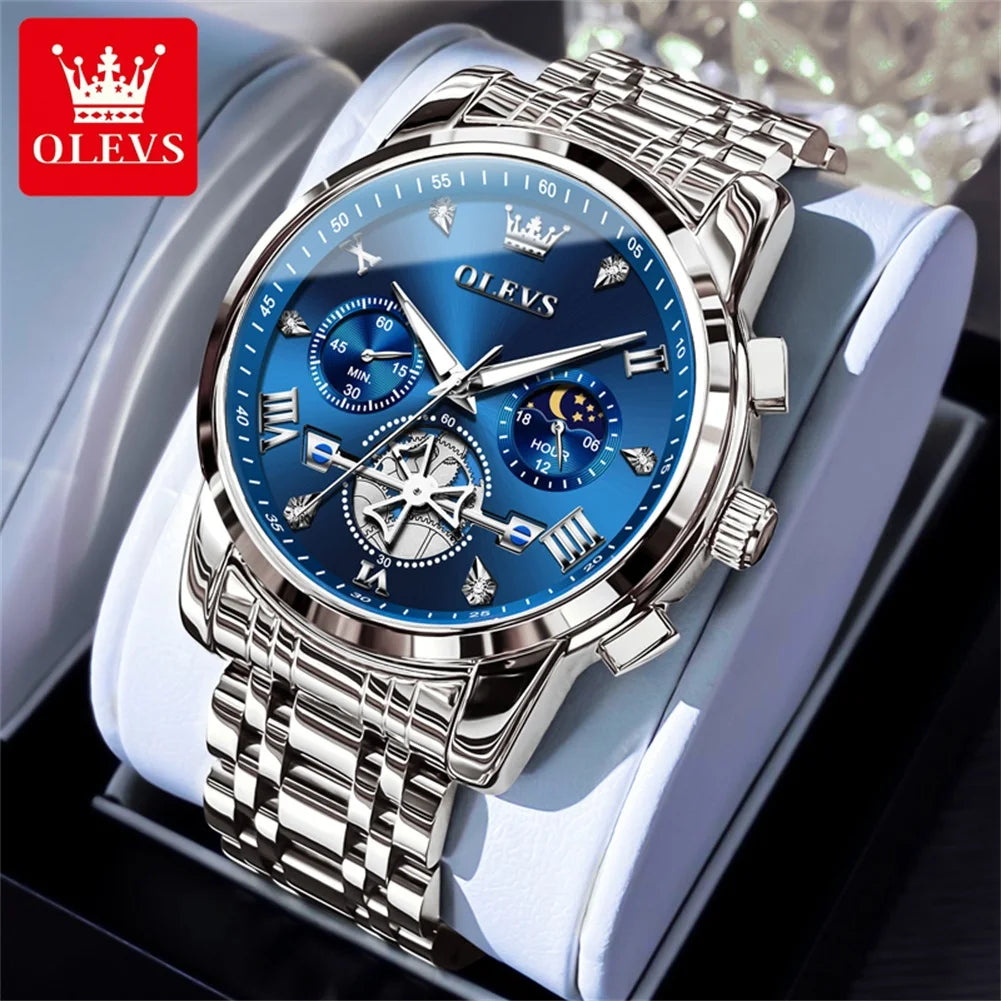 OLEVS 2856 Original Quartz Dress Watch For Men Moon Phase Stainless Steel Business Wristwatch Waterproof Luminous Man Watches
