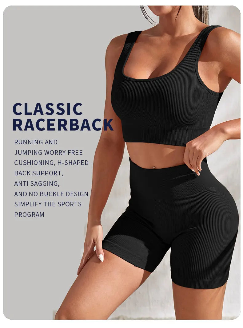 2-piece women's workout set – ribbed crop top and high-waist shorts.
