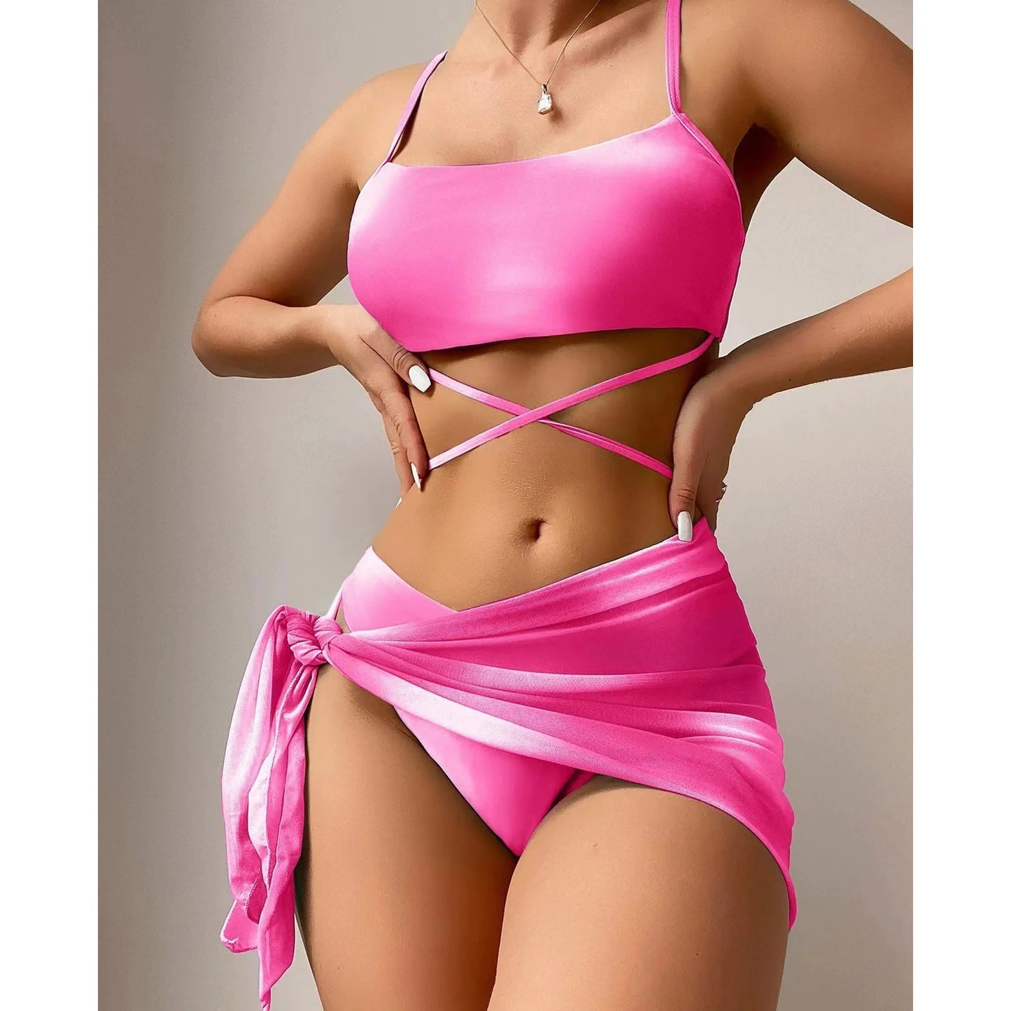 Stylish Tie-Dye 3-Piece Bikini Set with Mesh Skirt. Perfect for summer!