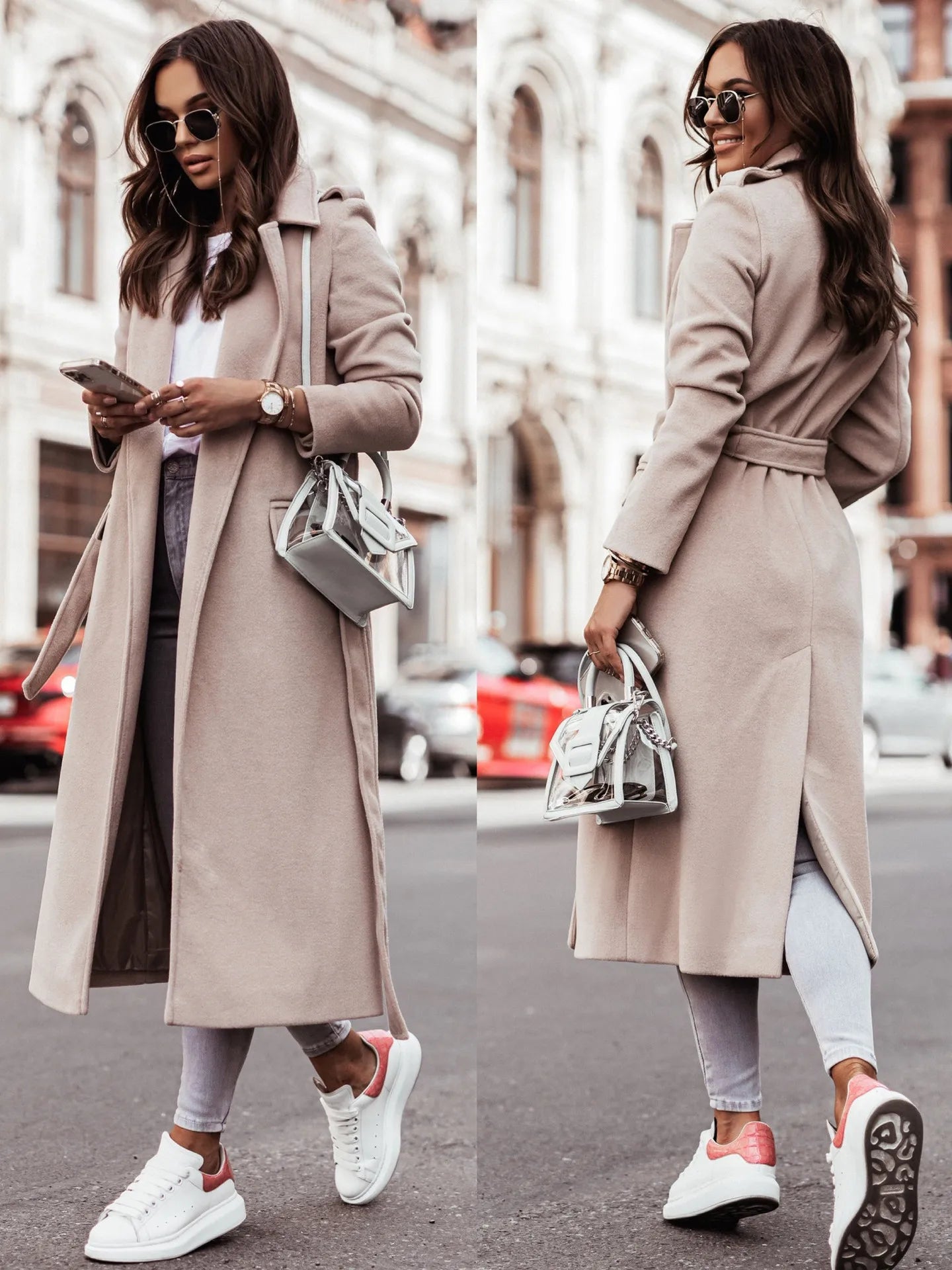 Fashionable women’s wool coat with long sleeves and a belted wrap design. Elegant and versatile — perfect for spring and autumn.