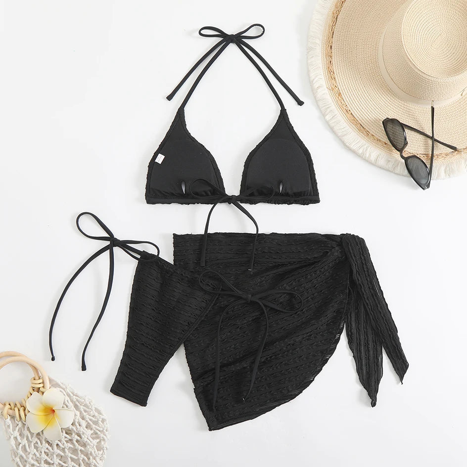 Sexy 3-Piece Bikini Set with Beach Cover-Up. Stylish, comfortable, and perfect for summer days.