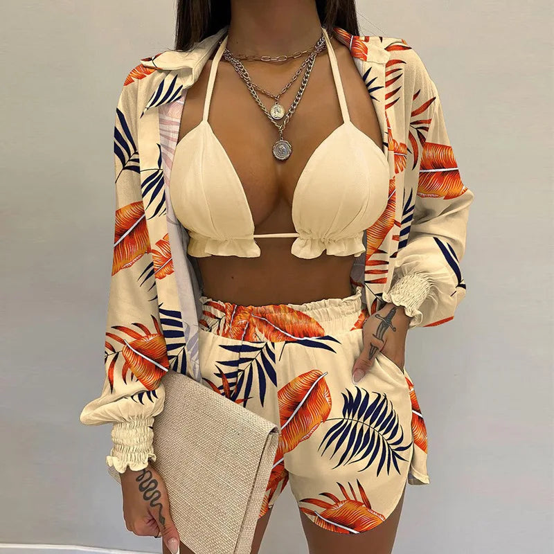 Conjunto Feminino 3 Peças Verão 2025 – Look Sexy, Confortável e Casual com Shorts Estilosos para Praia.