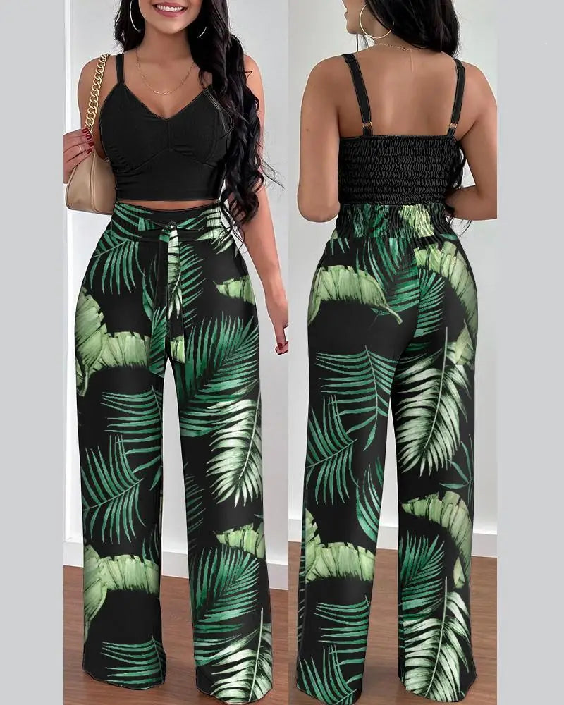 Elegant 2-piece set with a V-neck crop top and lace-up wide-leg pants — modern, flattering, and effortlessly chic.
