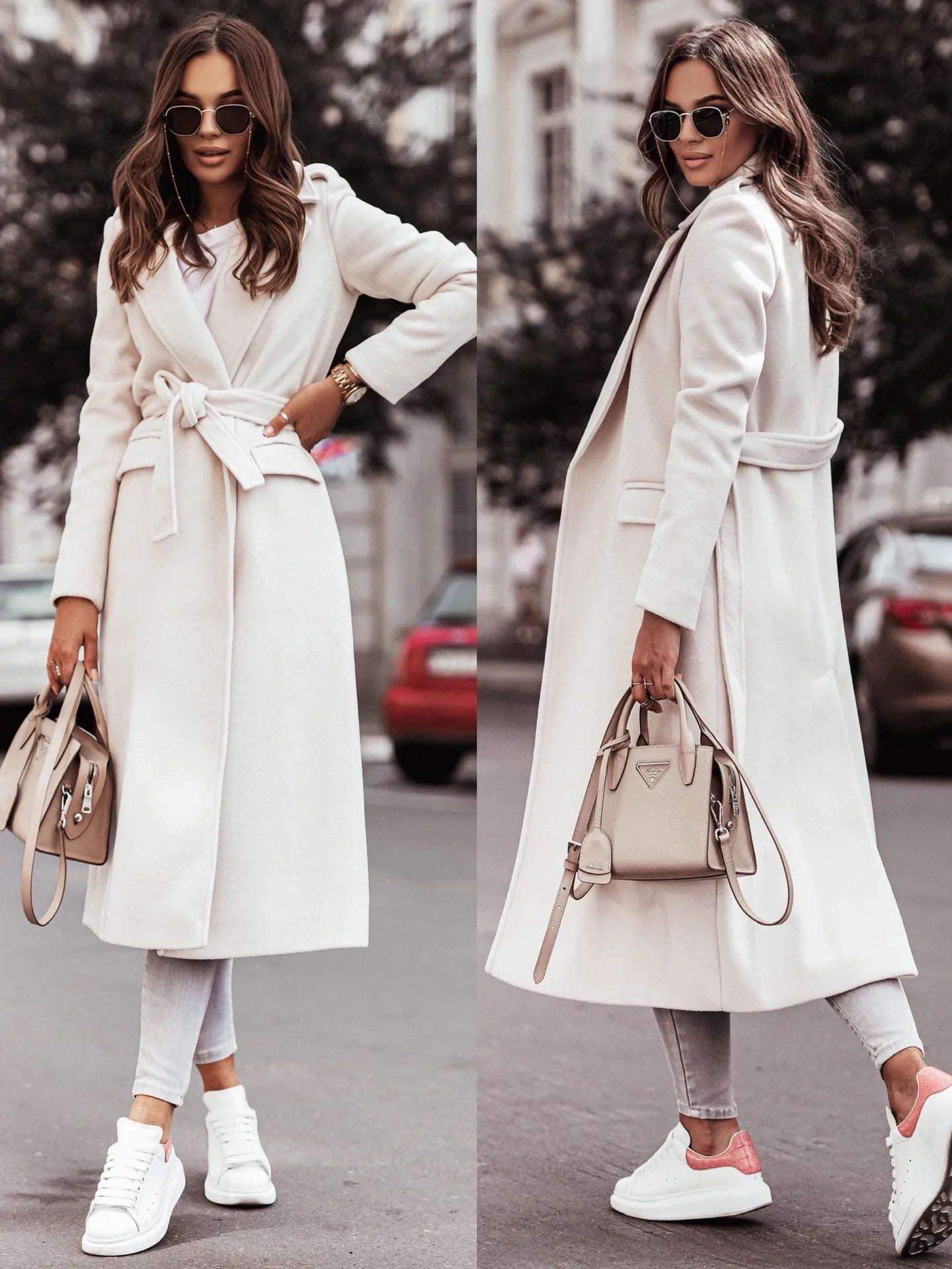 Fashionable women’s wool coat with long sleeves and a belted wrap design. Elegant and versatile — perfect for spring and autumn.