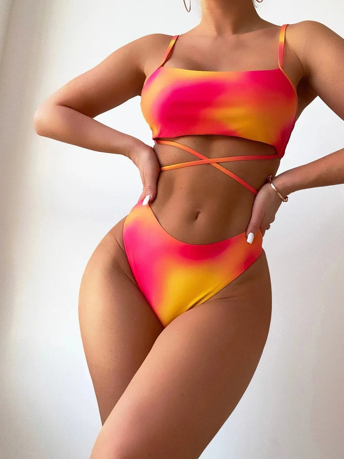 Stylish Tie-Dye 3-Piece Bikini Set with Mesh Skirt. Perfect for summer!