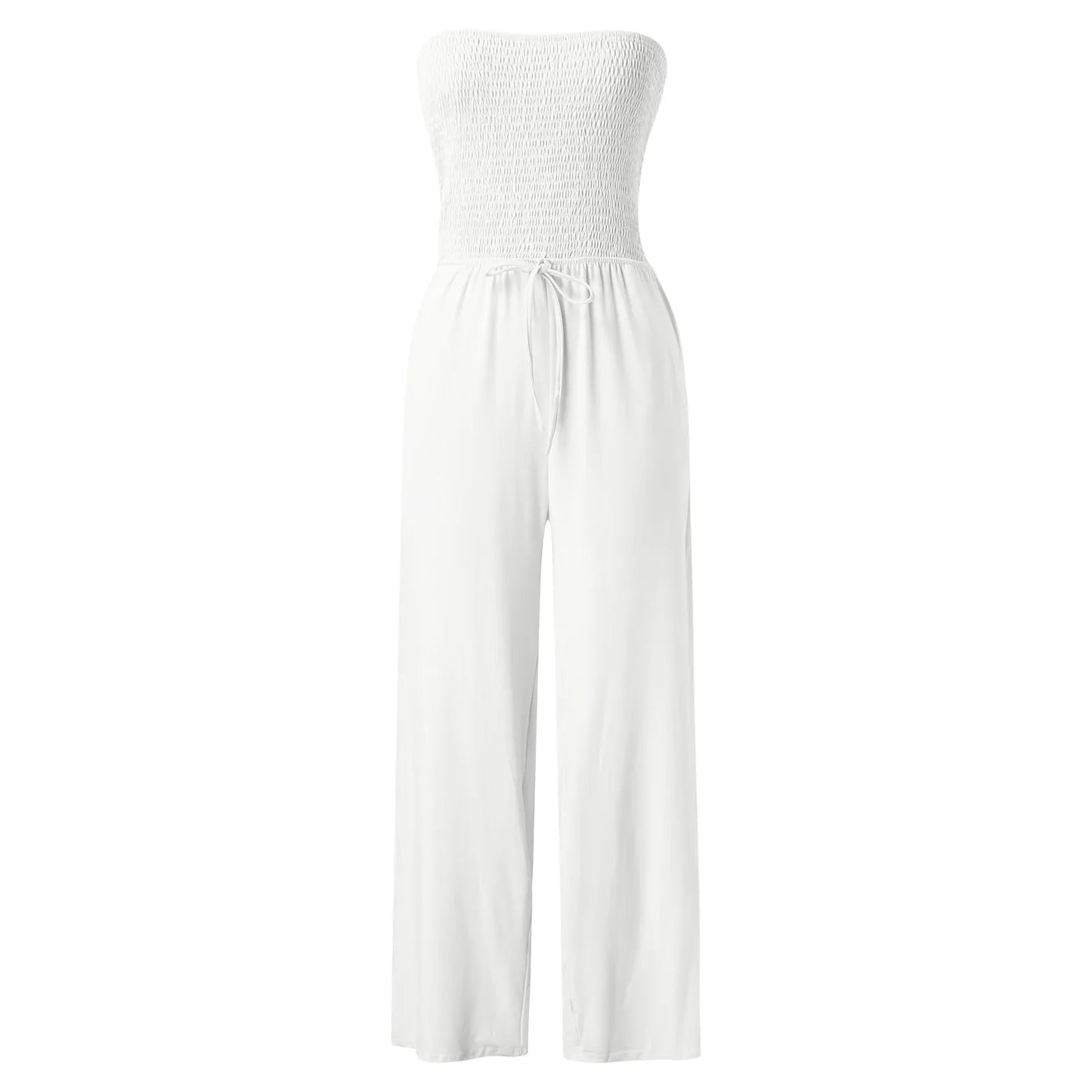 Strapless jumpsuit with ruched detail and lace-up design. Wide-leg, stylish, and perfect for a bold look.