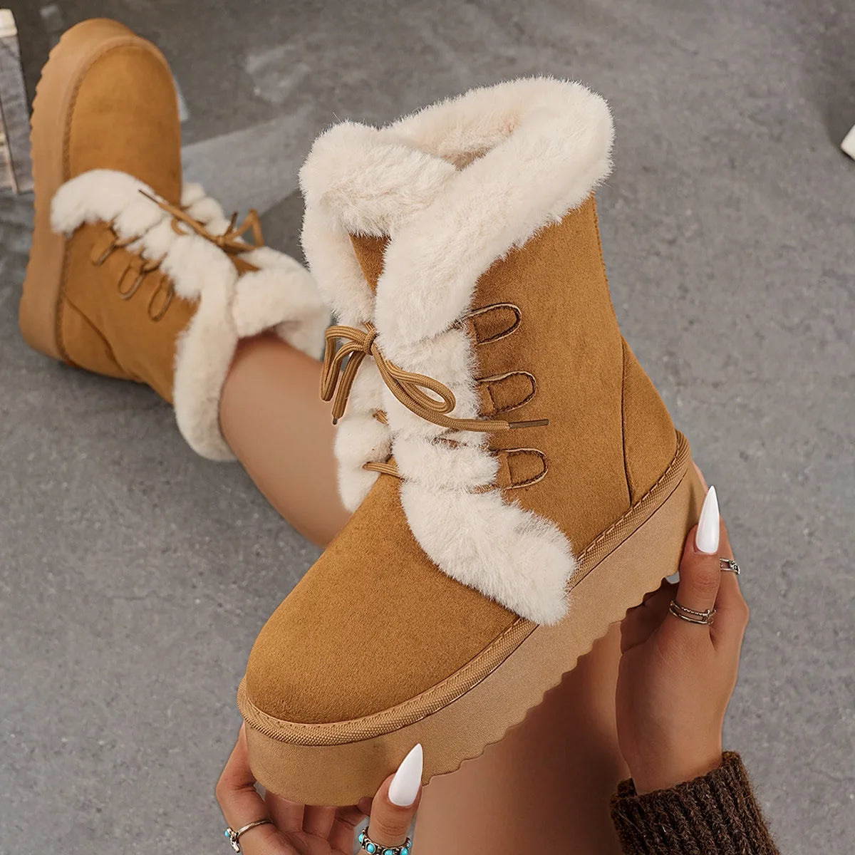 Women’s Winter Snow Boots – Thick sole, fleece-lined, tie-on, mid-calf.
