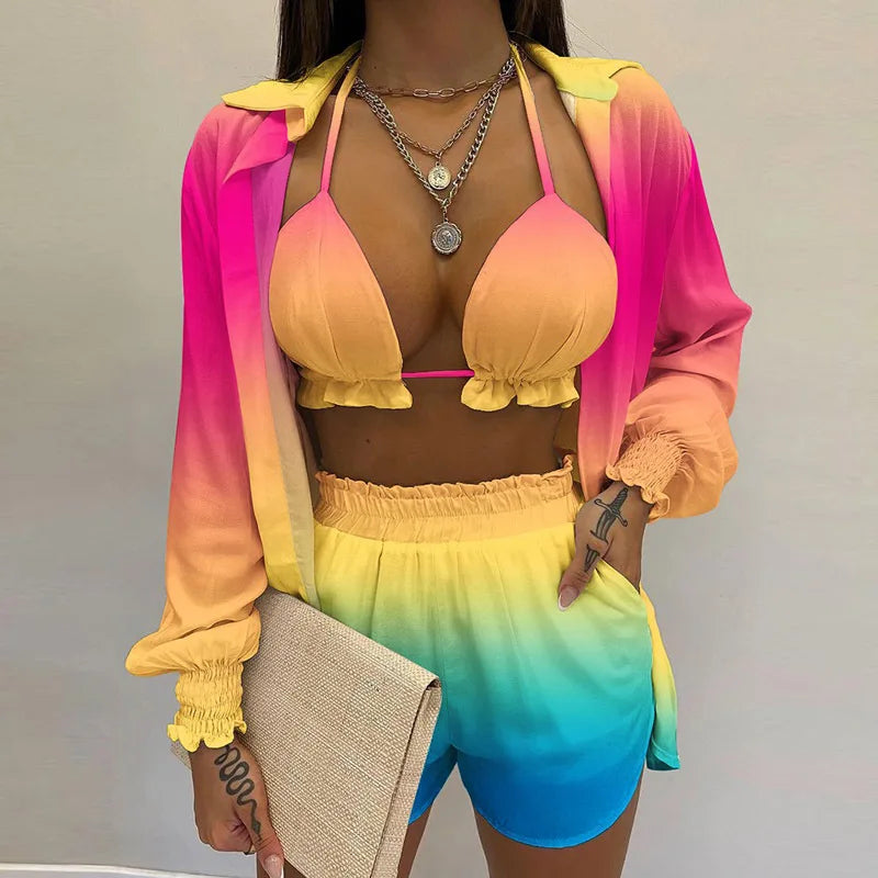 Conjunto Feminino 3 Peças Verão 2025 – Look Sexy, Confortável e Casual com Shorts Estilosos para Praia.