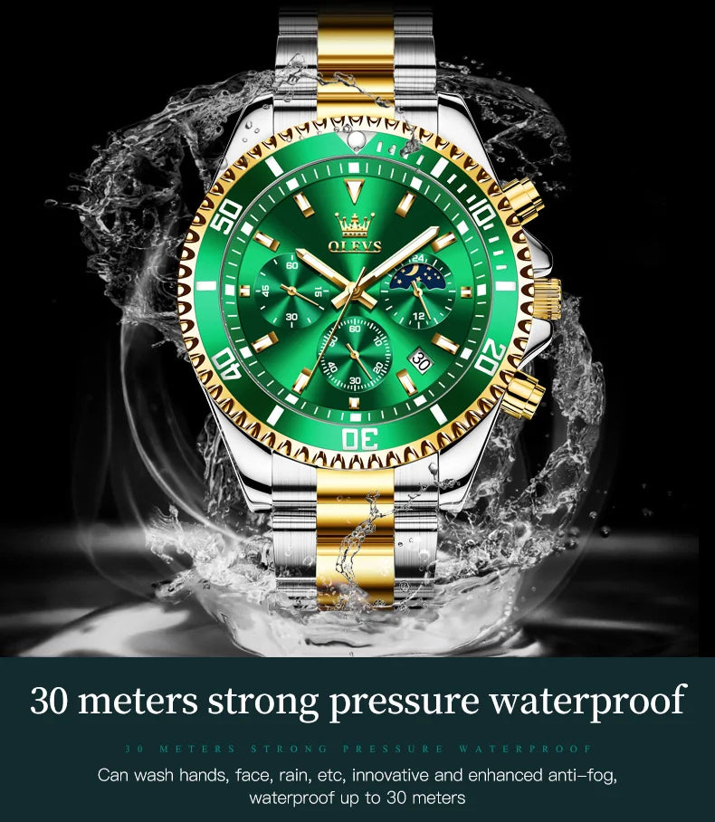 OLEVS Men's Watches Top Brand Luxury Watch for Men Original Waterproof Stainless Steel Chronograph Moon Phase Date Rota Dial
