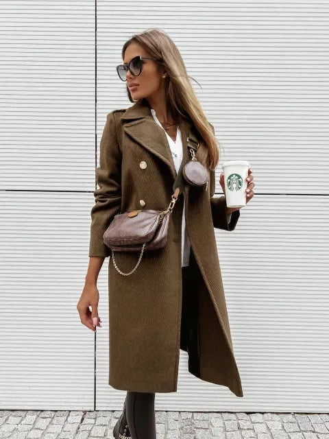 Women’s Double-Breasted Wool Coat – Midi length, V-neck, elegant and fashionable.
