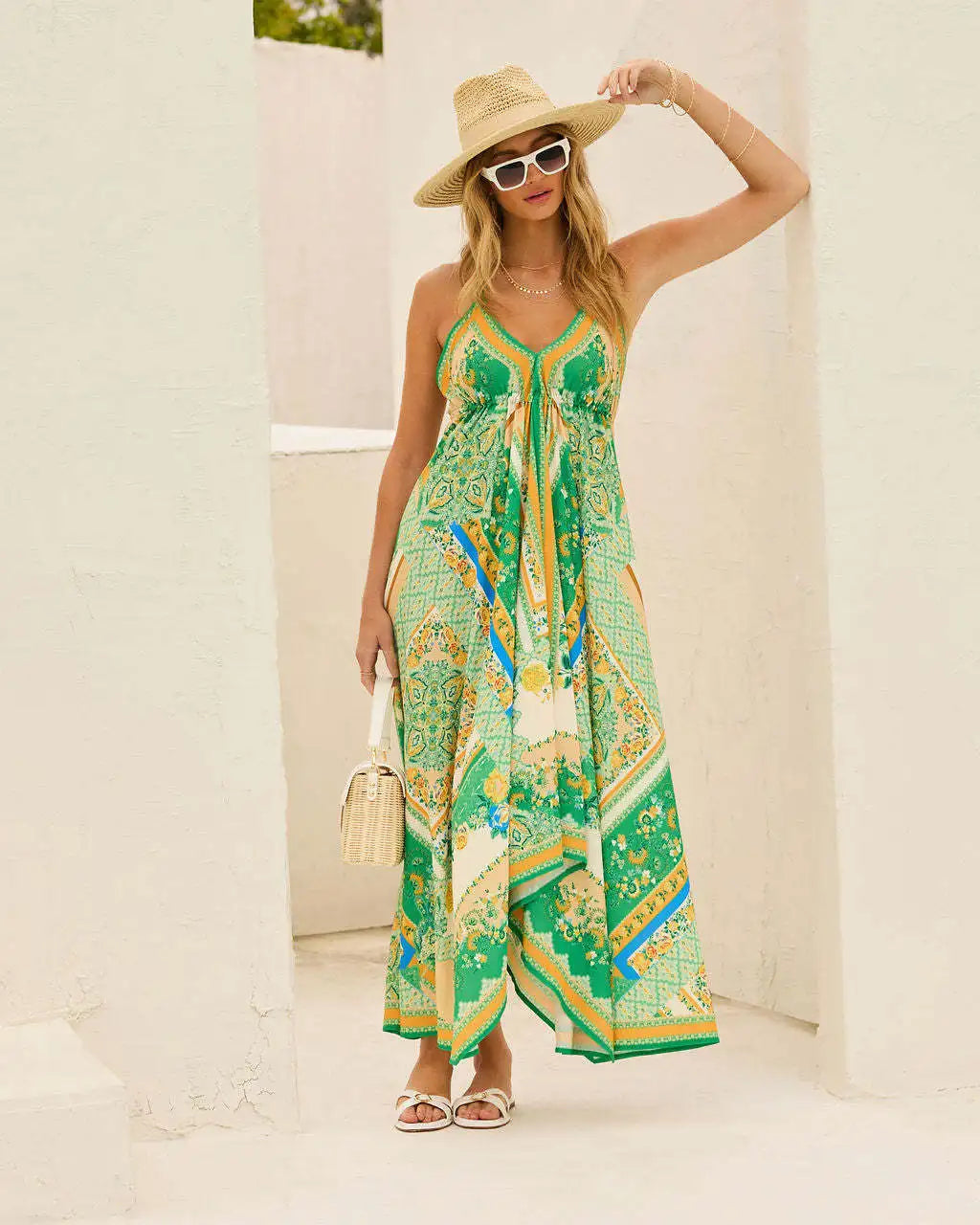 Women's Bohemian Floral Halter Dress – Long, V-Neck, Perfect for Summer, Beach Days, and Casual Outings.