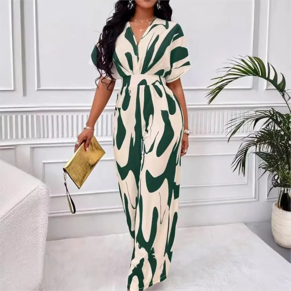 Spring Summer New Printed Short Sleeve For Women's Jumpsuit Fashion Waist Slim Simple Elegant Female Office Jumpsuit Pants