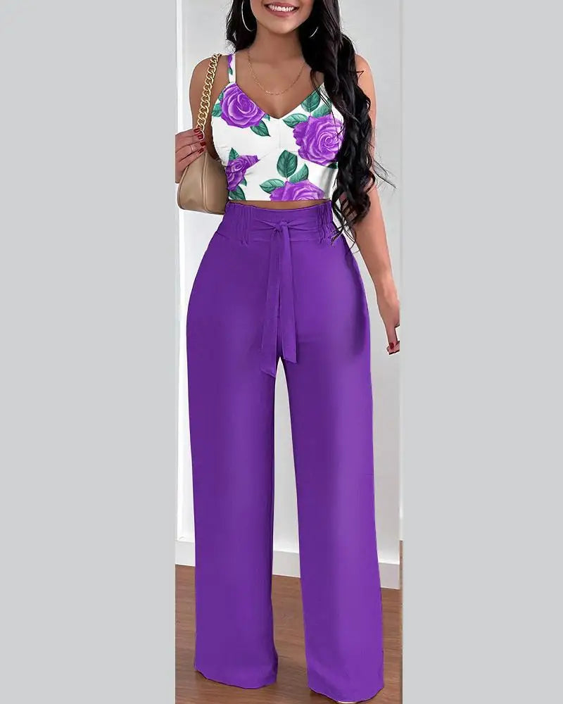 Elegant 2-piece set with a V-neck crop top and lace-up wide-leg pants — modern, flattering, and effortlessly chic.