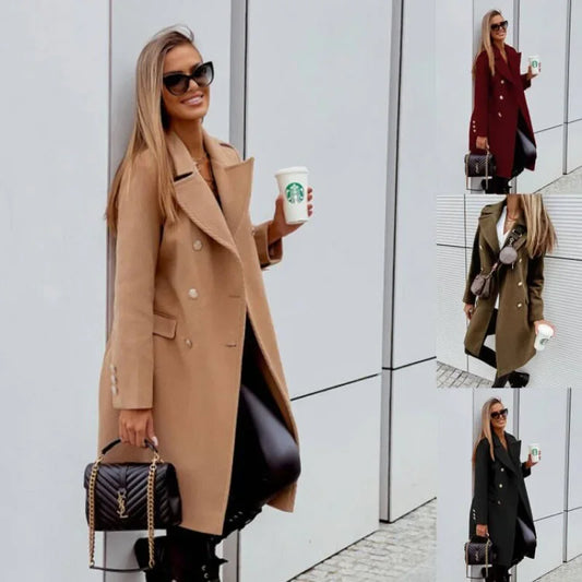 Women’s Double-Breasted Wool Coat – Midi length, V-neck, elegant and fashionable.