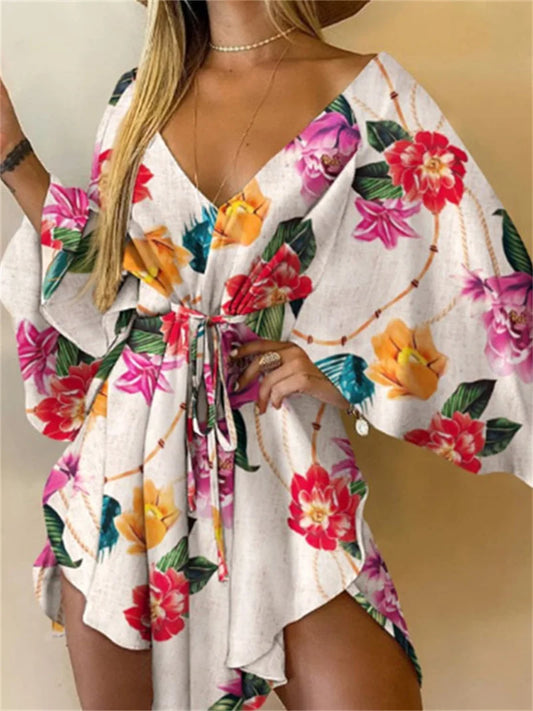 Boho Floral Mini Dress – Sexy V-Neck, Bat Sleeves & Flowy Fit for a Relaxed Summer Look.