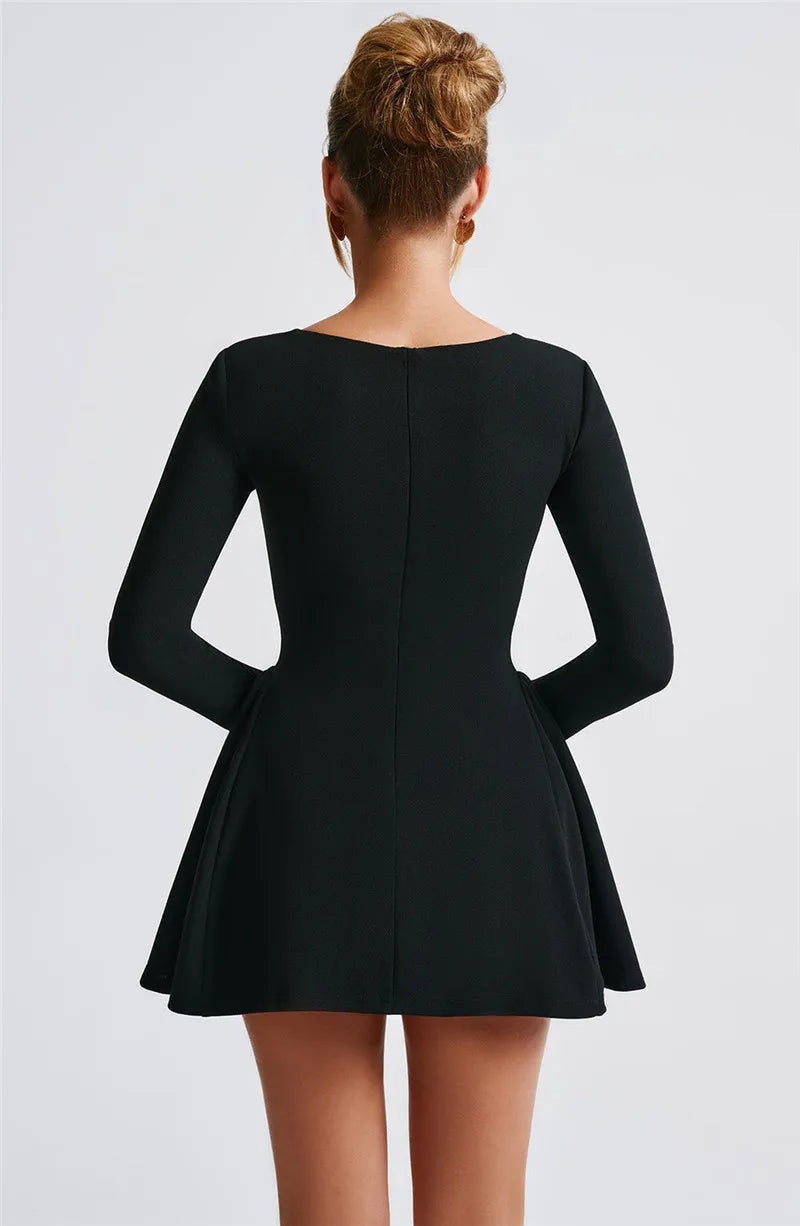 Mozision Long Sleeve A-line Sexy Mini Dress For Women Robe Autumn Fall Bow Square Collar Pleated Dress Elegant Dresses