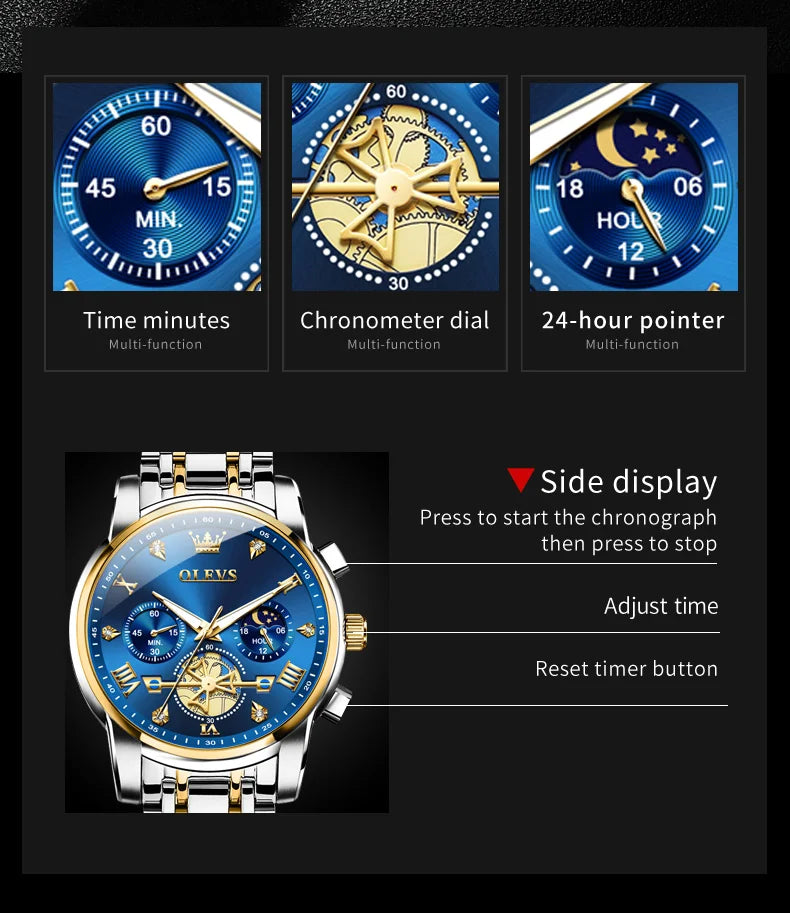 OLEVS 2856 Original Quartz Dress Watch For Men Moon Phase Stainless Steel Business Wristwatch Waterproof Luminous Man Watches