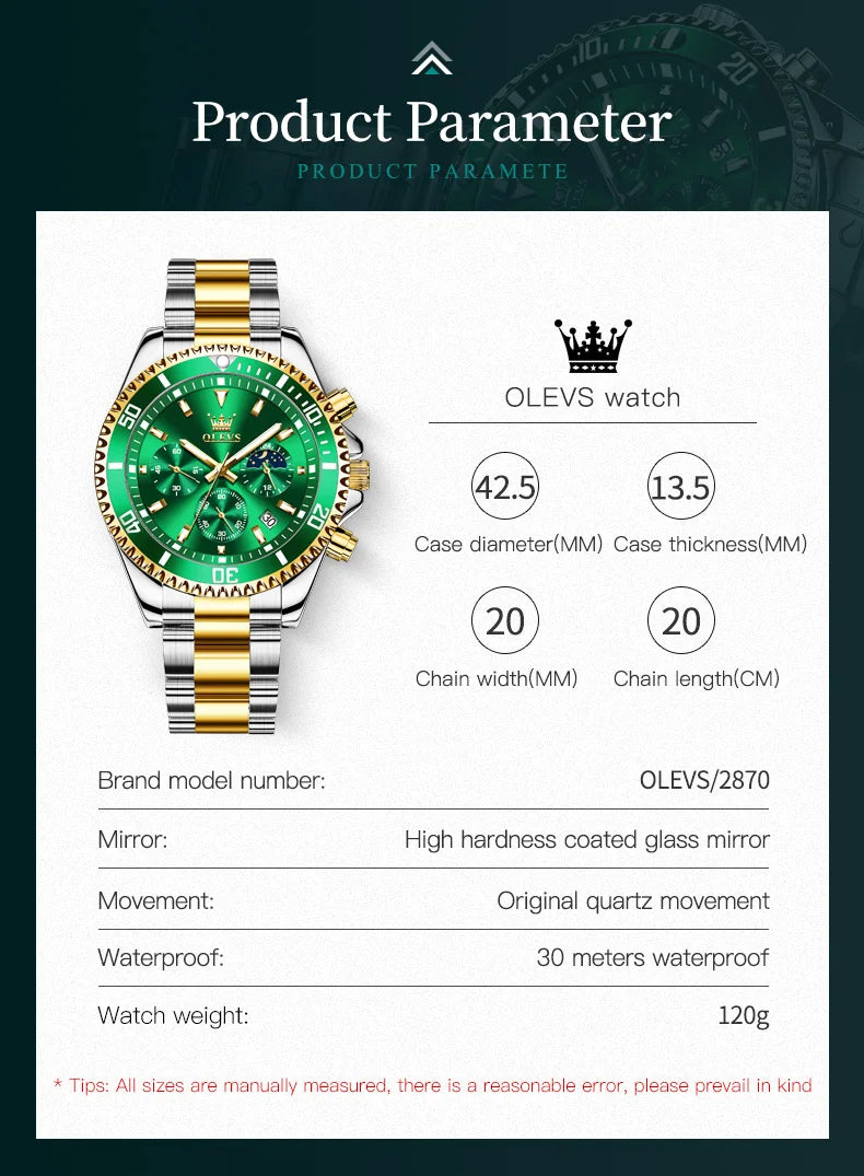 OLEVS Men's Watches Top Brand Luxury Watch for Men Original Waterproof Stainless Steel Chronograph Moon Phase Date Rota Dial