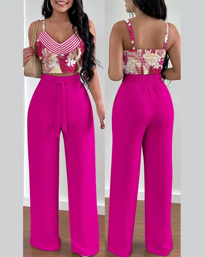 Elegant 2-piece set with a V-neck crop top and lace-up wide-leg pants — modern, flattering, and effortlessly chic.