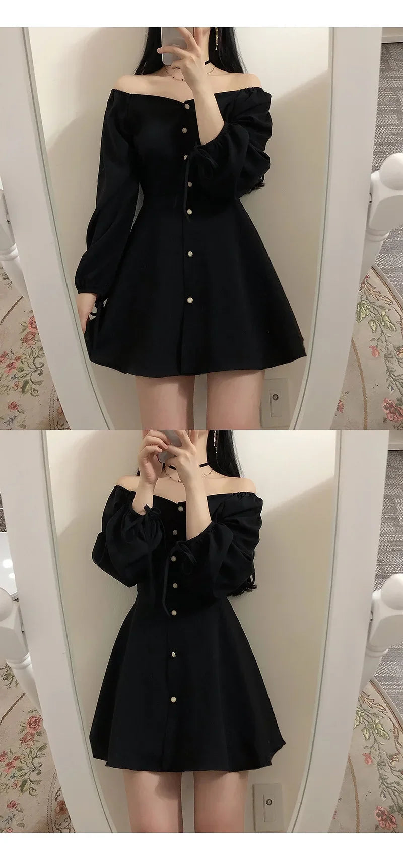 New Spring-autumn Plus-size Petite Dress Single-breasted Waist-fitted Slimming Black Dress For Plus-size Women
