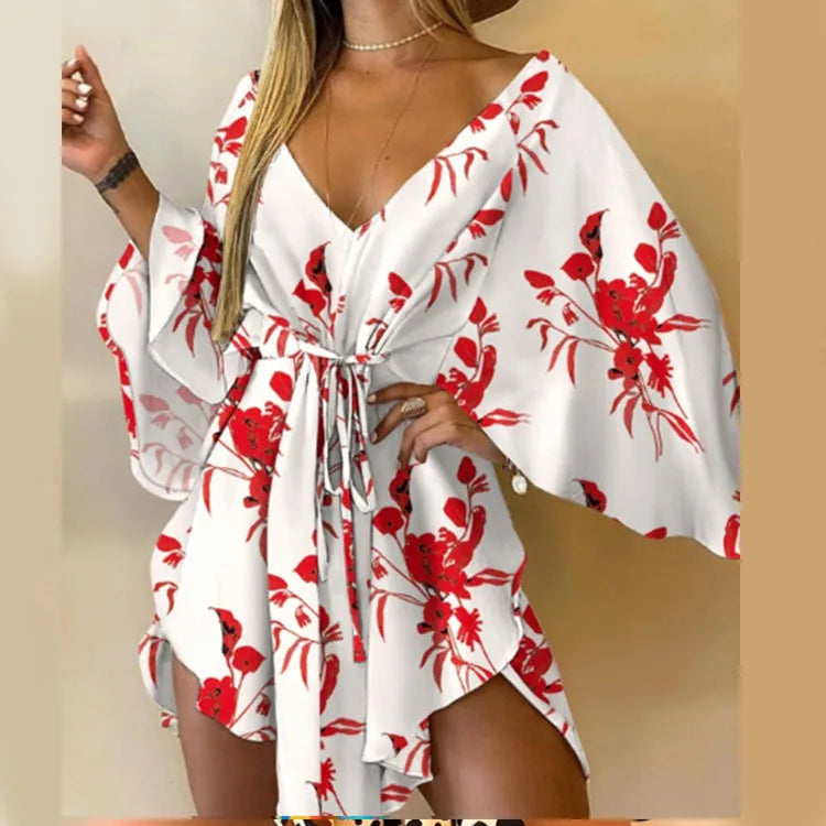 Boho Floral Mini Dress – Sexy V-Neck, Bat Sleeves & Flowy Fit for a Relaxed Summer Look.