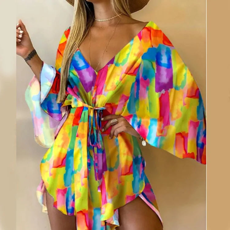 Boho Floral Mini Dress – Sexy V-Neck, Bat Sleeves & Flowy Fit for a Relaxed Summer Look.