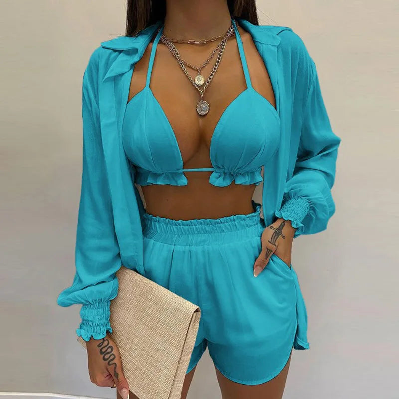 Conjunto Feminino 3 Peças Verão 2025 – Look Sexy, Confortável e Casual com Shorts Estilosos para Praia.