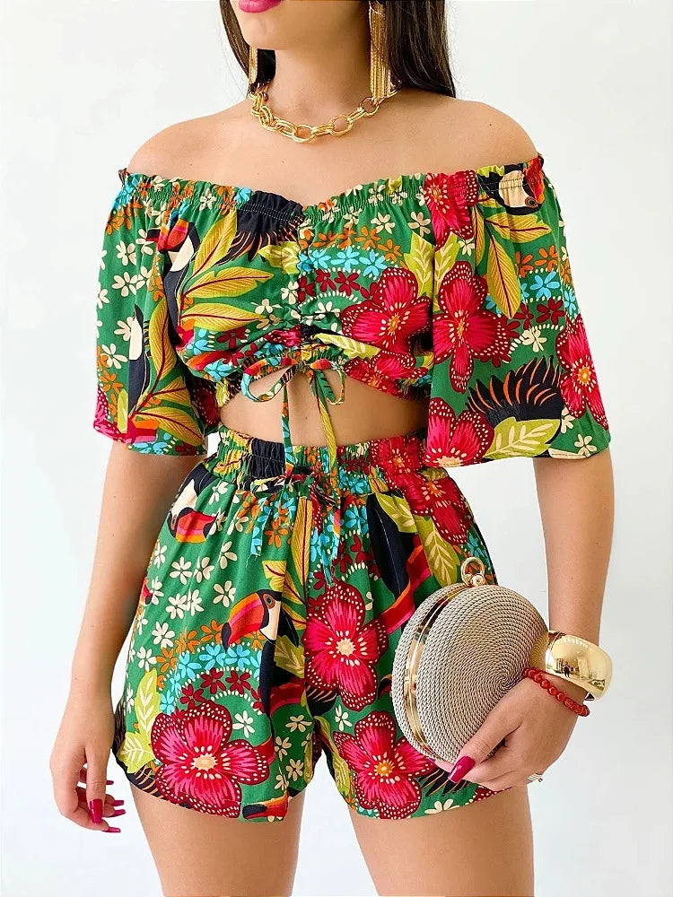 Sexy Off Shoulder Slash Neck T-shirt Shorts Set Office Lady Floral Print Lace Up Short Sleeve Two Piece Set Women Outfit 2023