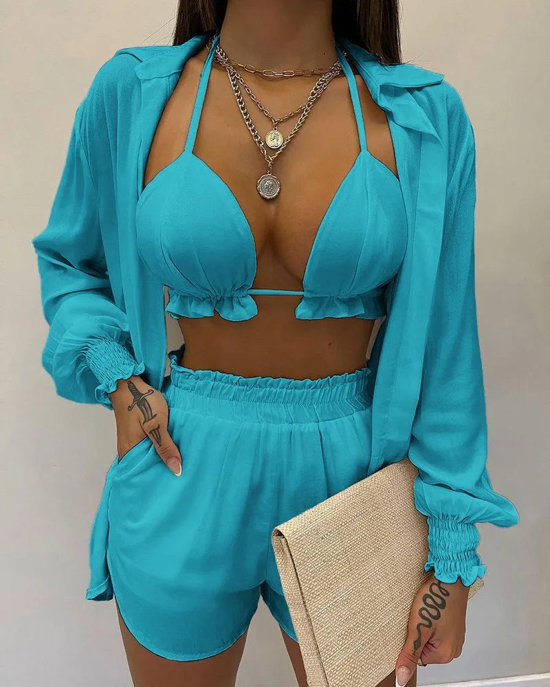 Conjunto Feminino 3 Peças Verão 2025 – Look Sexy, Confortável e Casual com Shorts Estilosos para Praia.