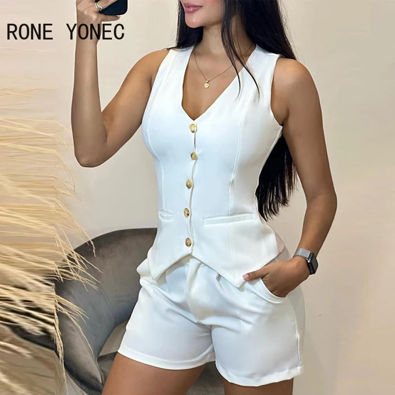 2024 Women Buttoned V-Neck Vest Top & Shorts Set Blazer Women Suits