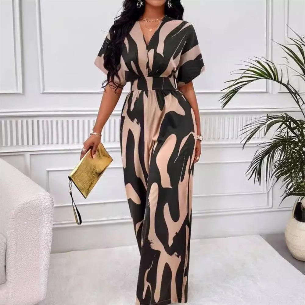 Spring Summer New Printed Short Sleeve For Women's Jumpsuit Fashion Waist Slim Simple Elegant Female Office Jumpsuit Pants