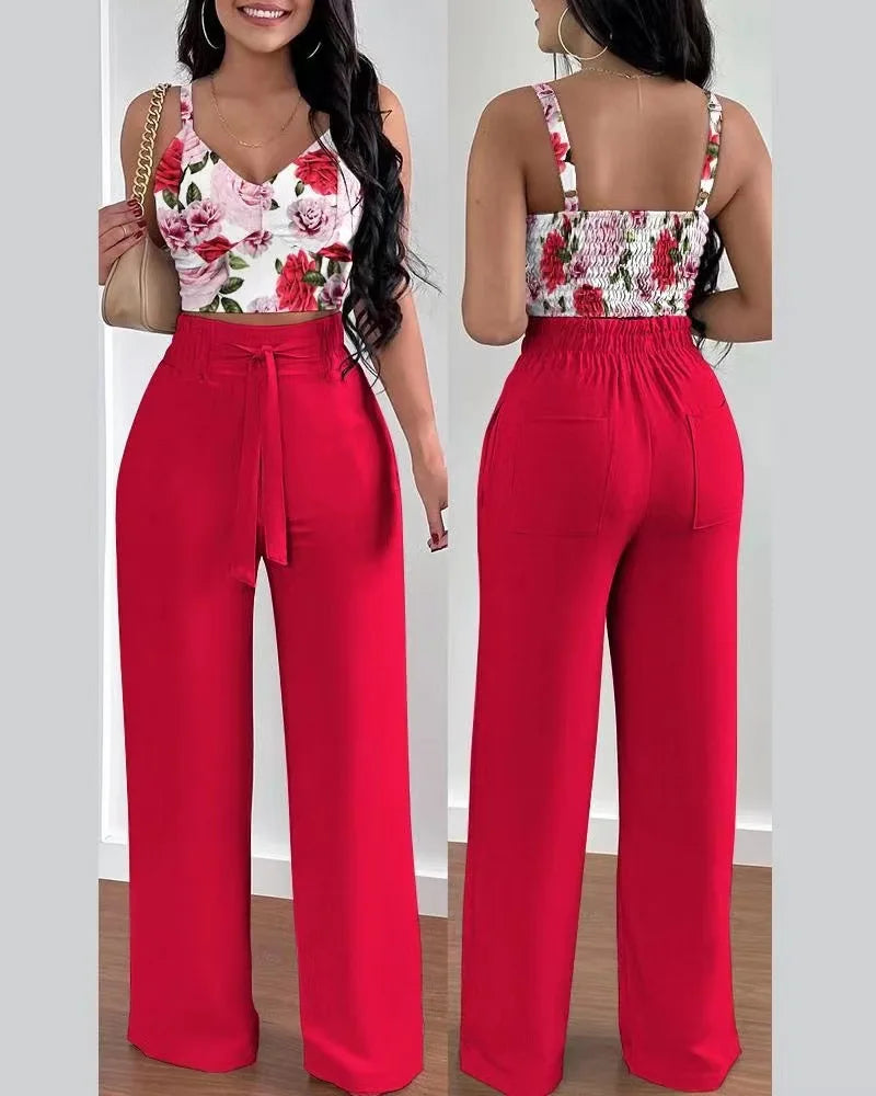 Elegant 2-piece set with a V-neck crop top and lace-up wide-leg pants — modern, flattering, and effortlessly chic.