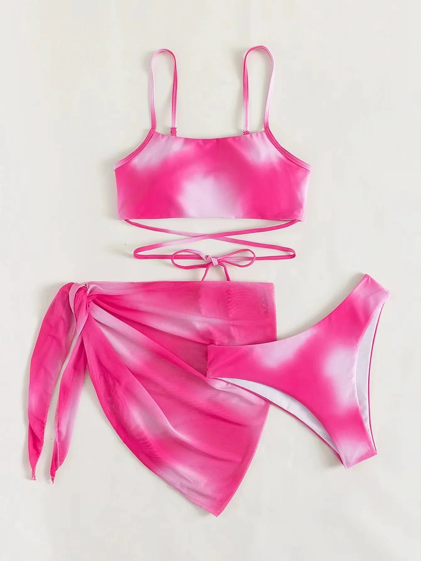 Stylish Tie-Dye 3-Piece Bikini Set with Mesh Skirt. Perfect for summer!