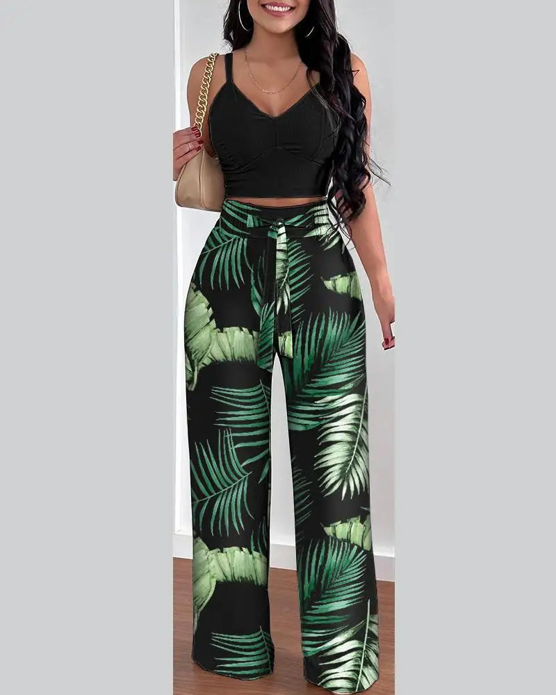 Elegant 2-piece set with a V-neck crop top and lace-up wide-leg pants — modern, flattering, and effortlessly chic.