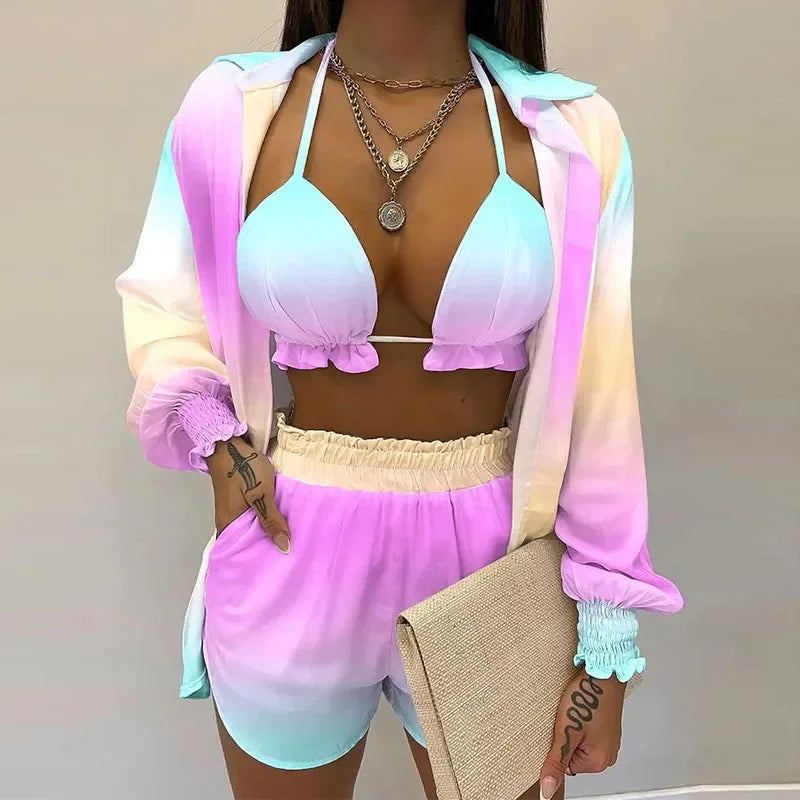 Conjunto Feminino 3 Peças Verão 2025 – Look Sexy, Confortável e Casual com Shorts Estilosos para Praia.