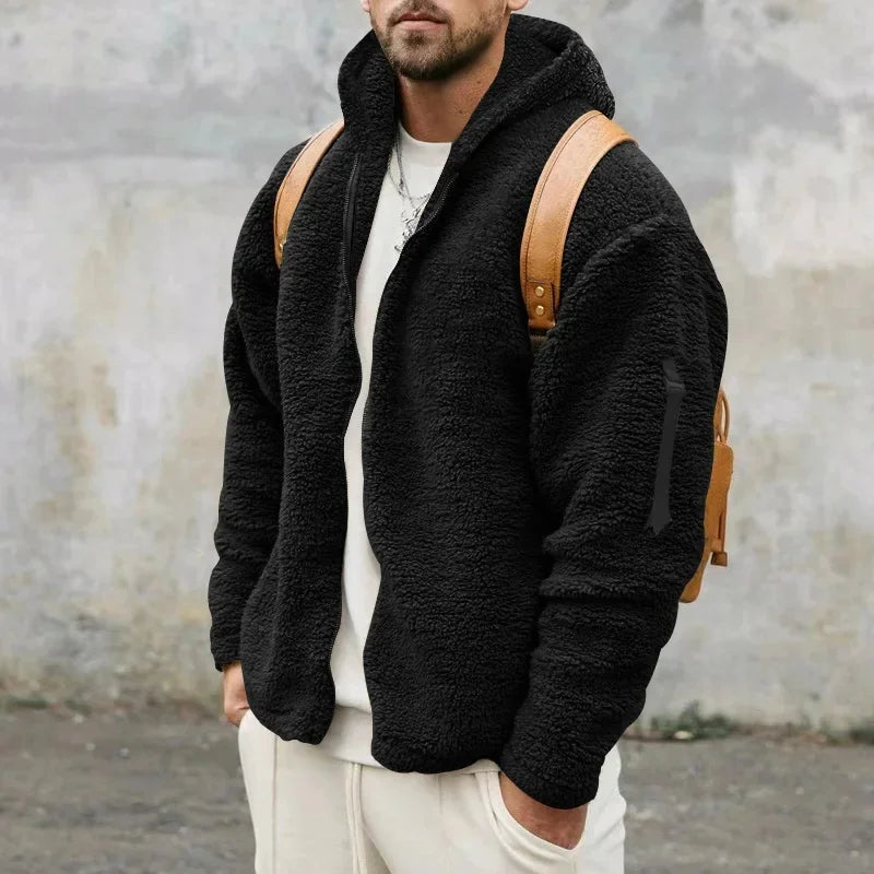 Men’s Fleece Jacket – Hooded, warm, loose fit, casual winter style.