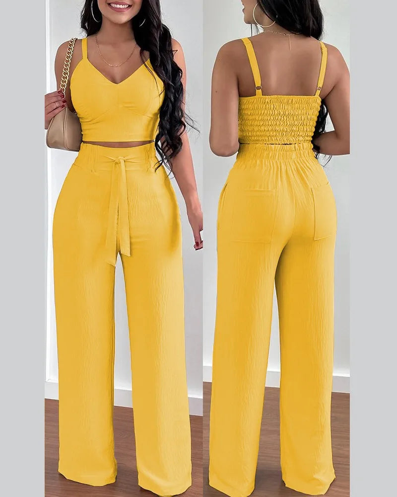 Elegant 2-piece set with a V-neck crop top and lace-up wide-leg pants — modern, flattering, and effortlessly chic.